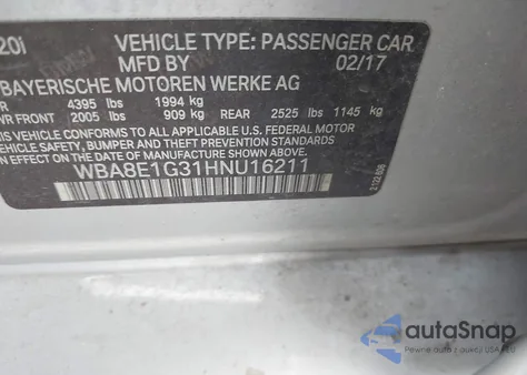 2017 BMW 320I из США, поврежденный, VIN WBA8E1G31HNU16211